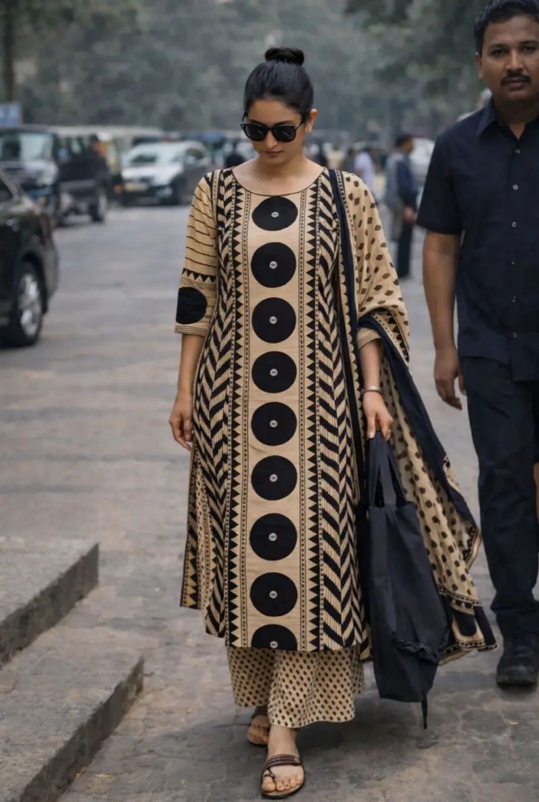 Beige & Black Printed Kurta Set with Dupatta