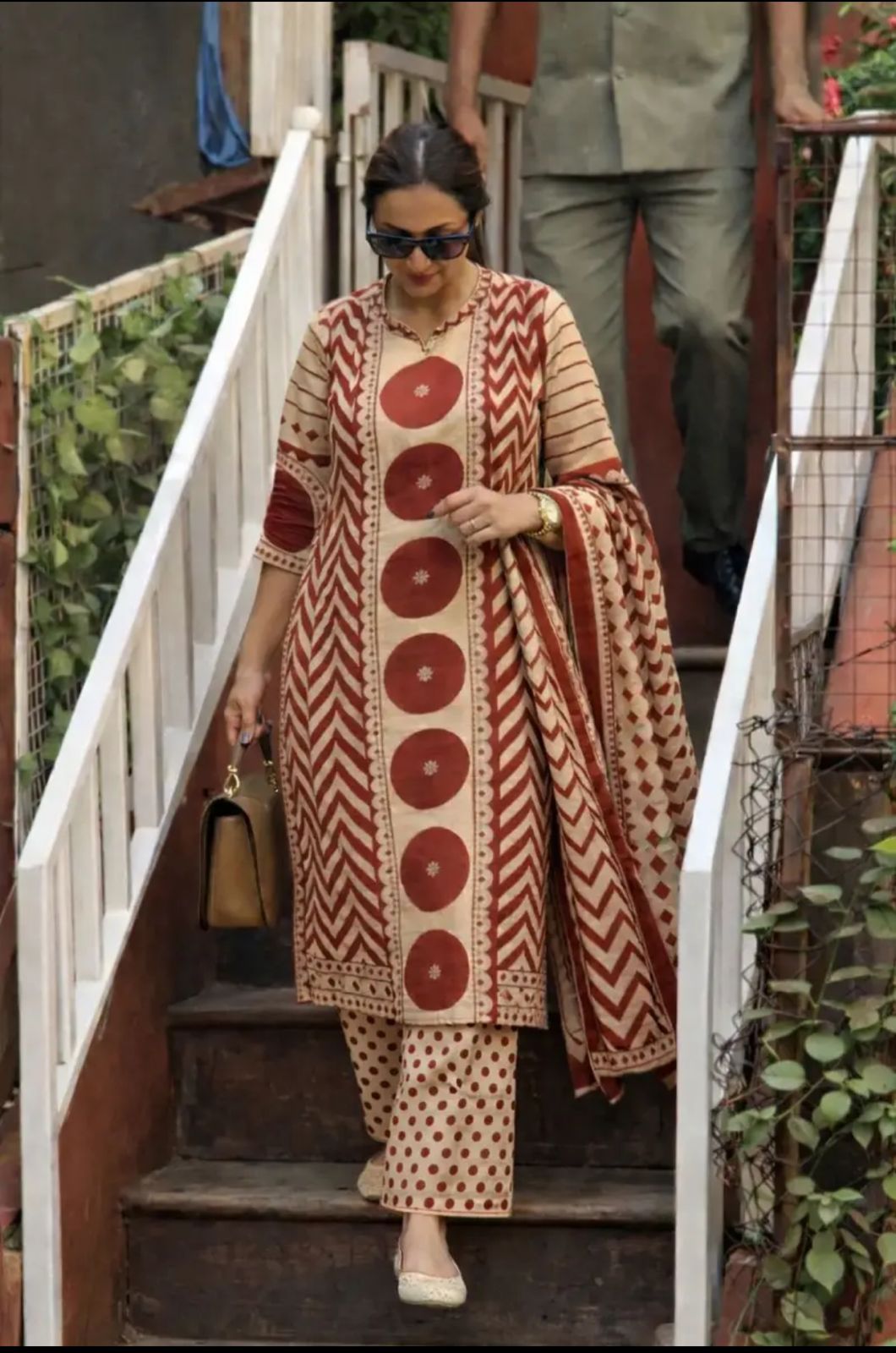 Beige & Rust Printed Kurta Set with Dupatta