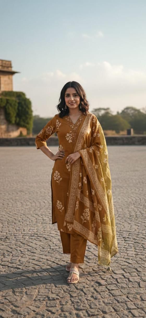 Pure Cotton Floral Printed Kurta Set with Dupatta