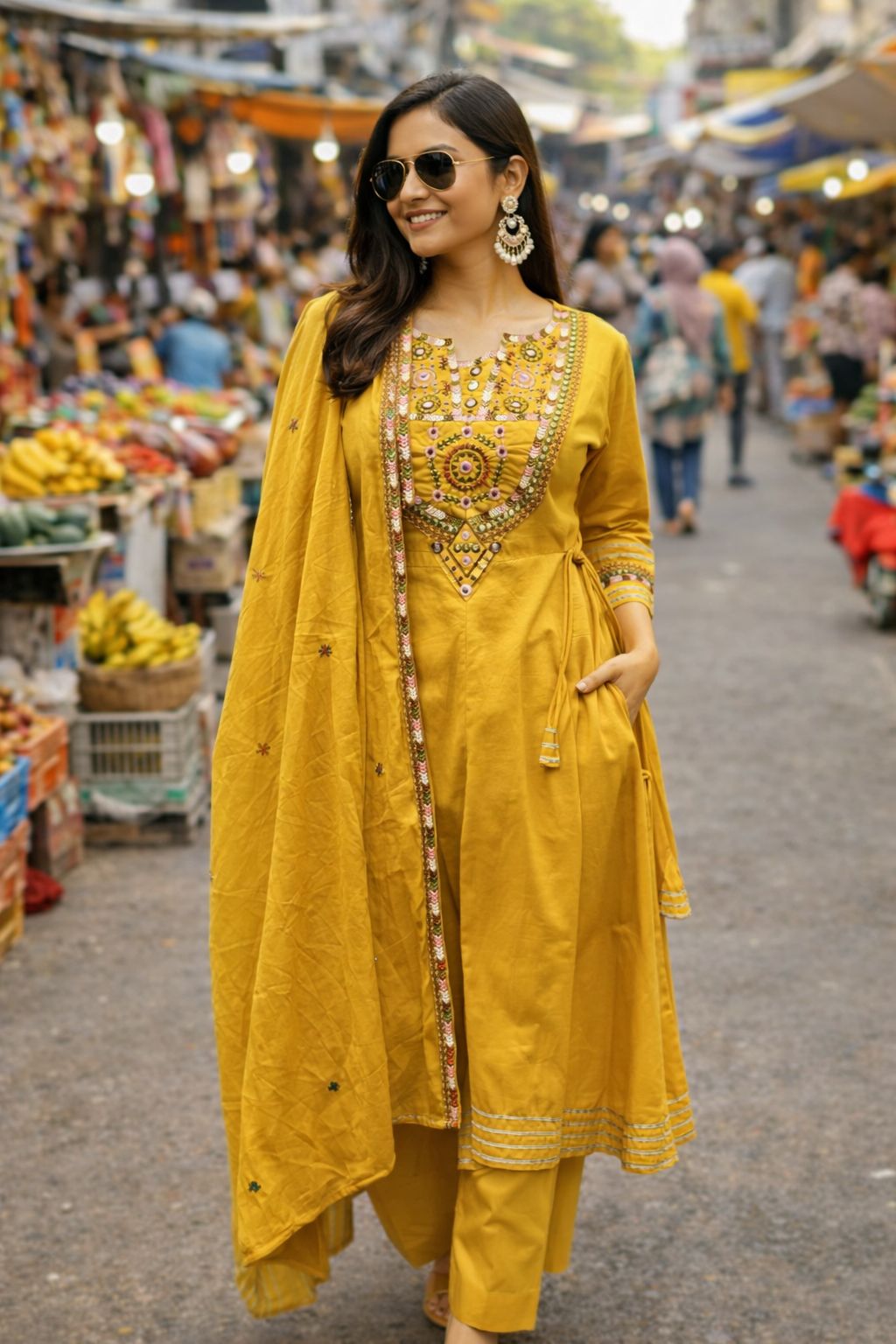 Yellow Mirror Work Pure Cotton Suit Set
