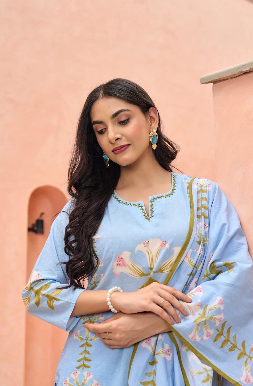 Blue Cotton Suit with Floral Print – Stylish Ethnic Wear
