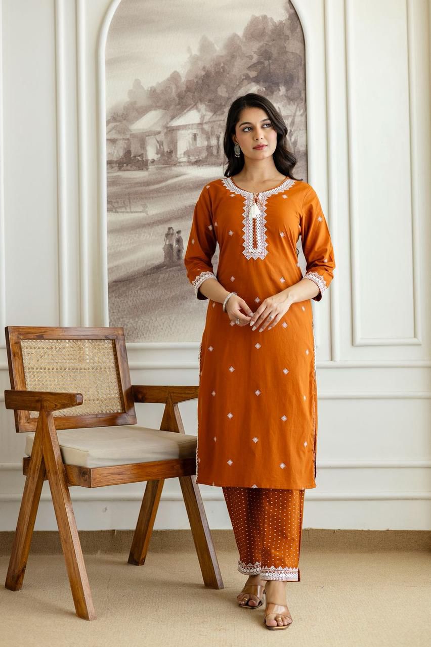 Orange Cotton Suit with Printed & Embroidery Work