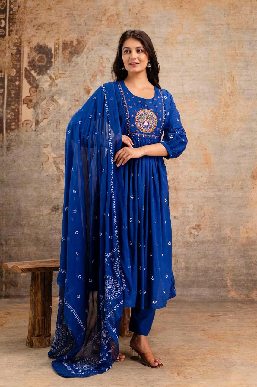 Blue Cotton Suit with Mirror Work & Light Embroidery