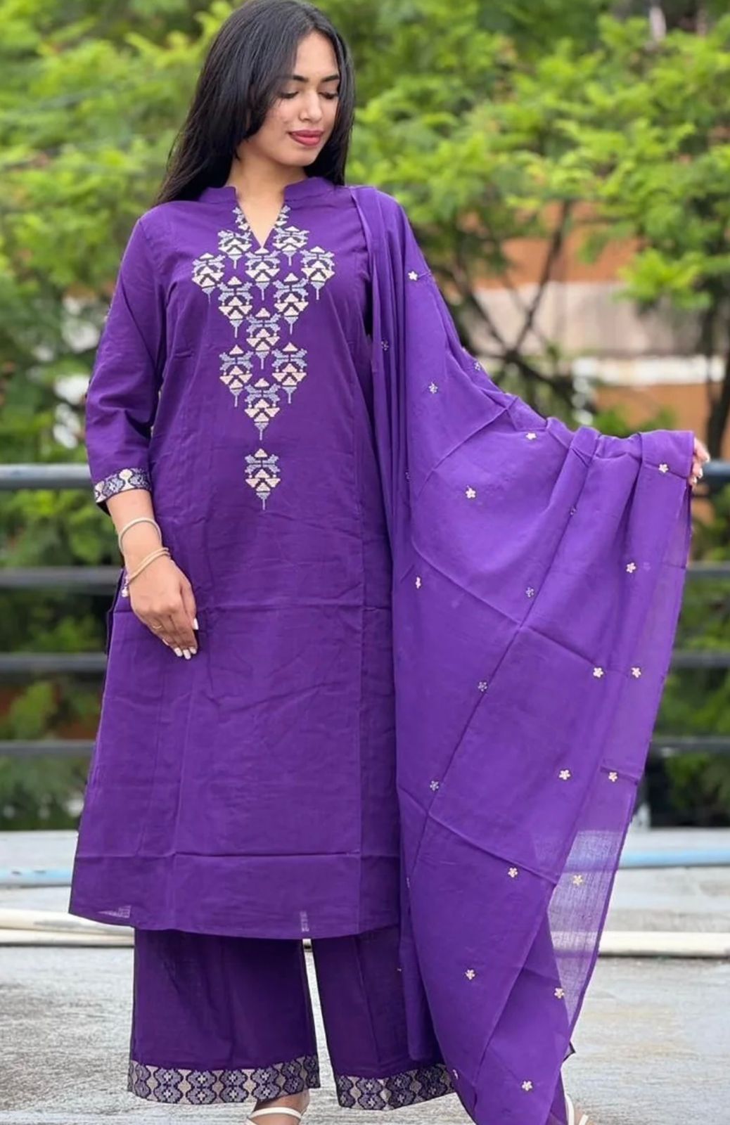 Purple Embroidered Kurta Set with Dupatta