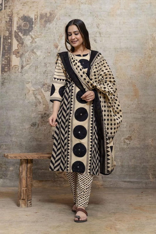 Beige & Black Printed Kurta Set with Dupatta