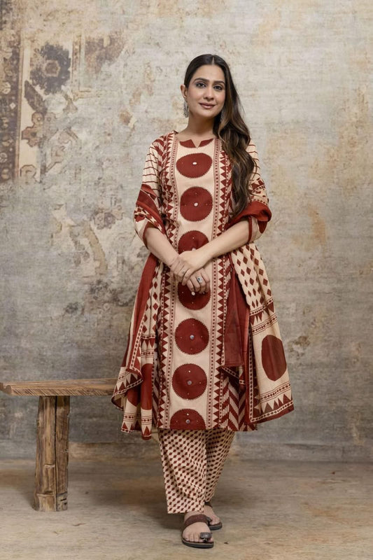 Beige & Rust Printed Kurta Set with Dupatta