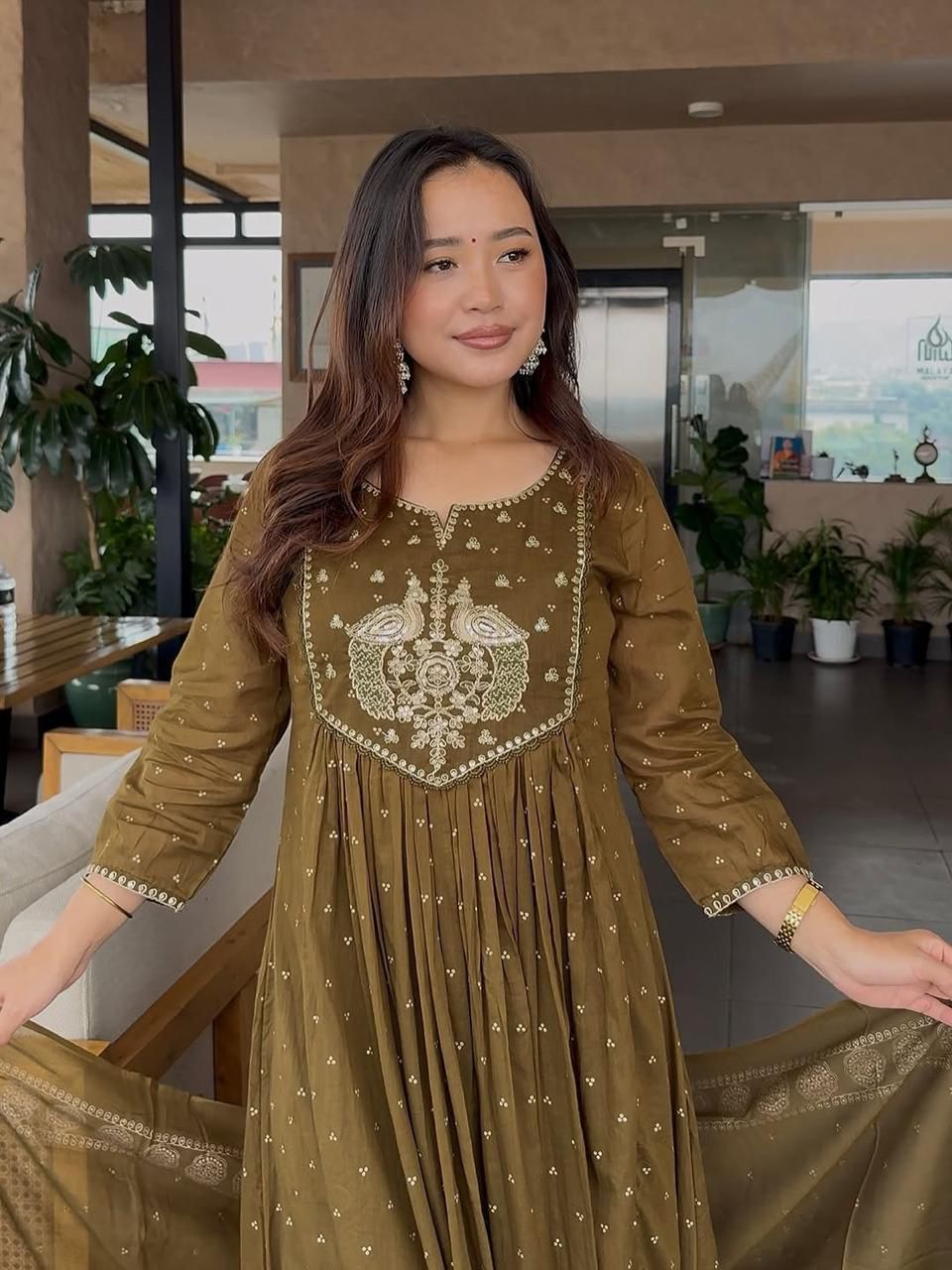Olive Green Embroidered Anarkali Kurta Set with Dupatta