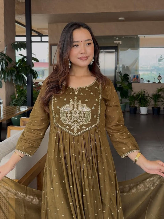 Olive Green Embroidered Anarkali Kurta Set with Dupatta