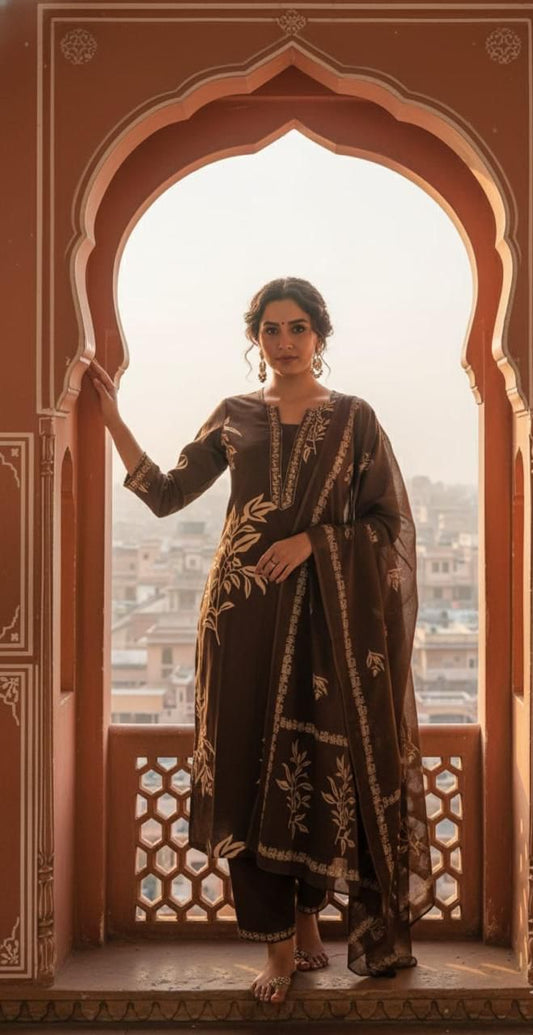 Brown Embroidered Kurta Set with Dupatta