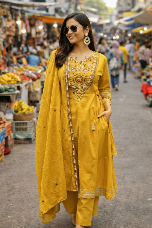 Yellow Mirror Work Pure Cotton Suit Set