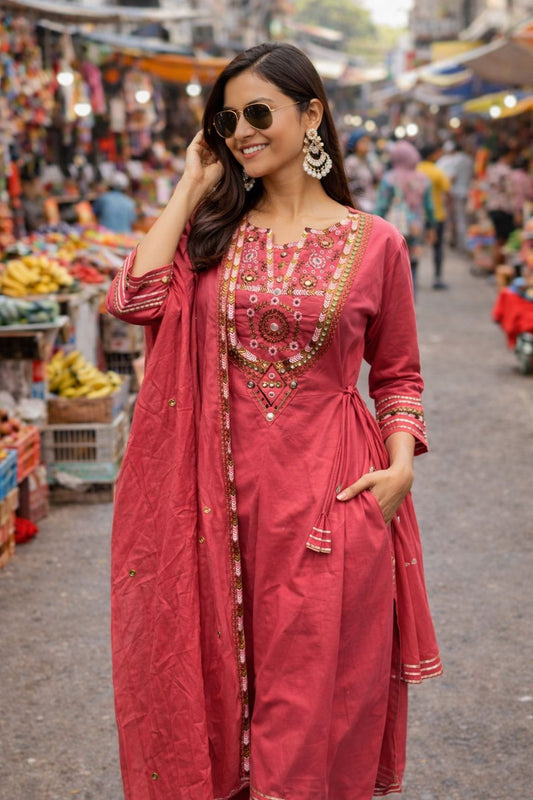 Peach Mirror Work Pure Cotton Suit Set