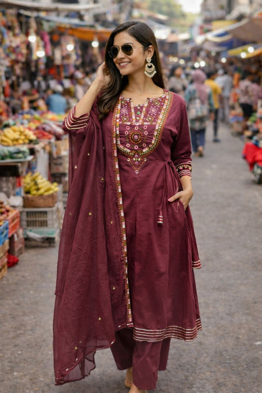 Brown Mirror Work Pure Cotton Suit Set