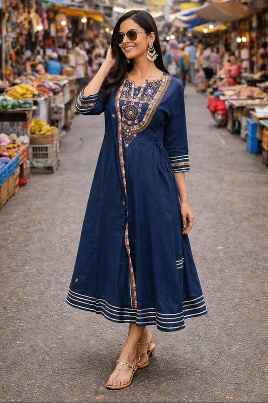 Blue Mirror Work Pure Cotton Suit Set