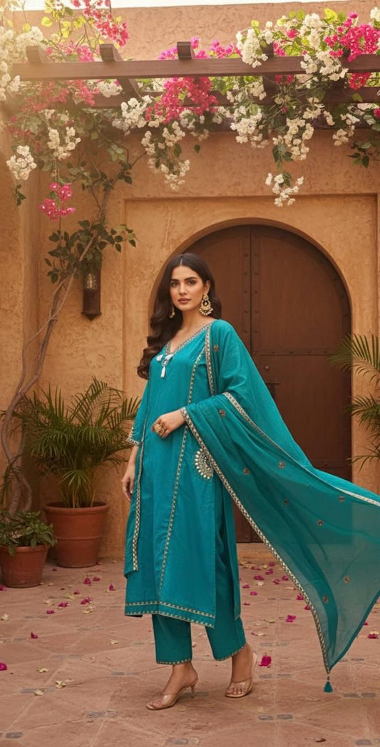 Turquoise Pure Cotton Mirror Work Dori Embroidery Suit Set