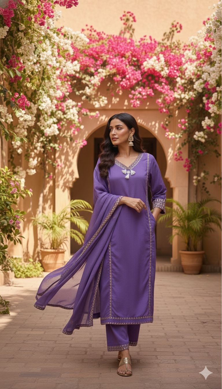 Purple Pure Cotton Mirror Work Dori Embroidery Suit Set