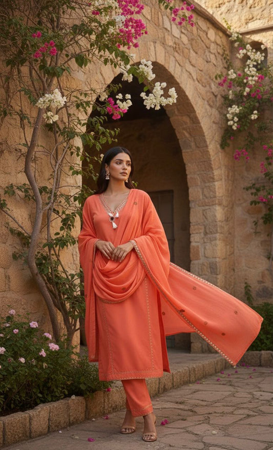 Orange Pure Cotton Mirror Work Dori Embroidery Suit Set