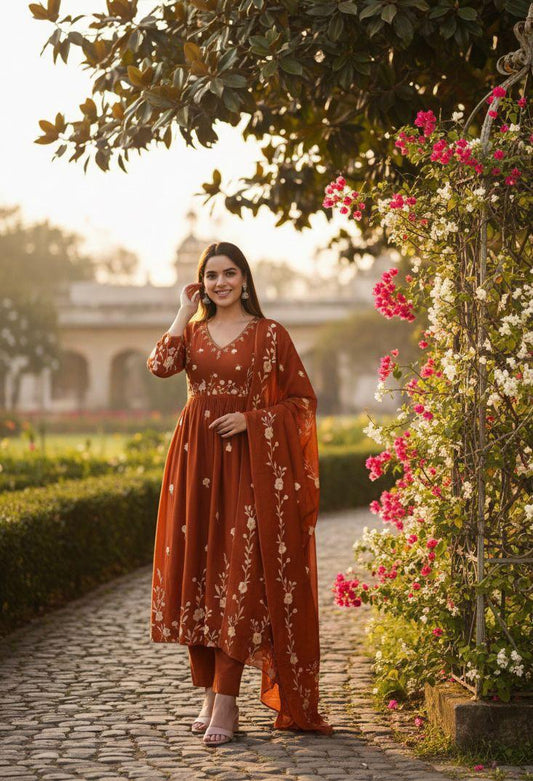 Rust Pure Cotton Embroidery Work Suit Set