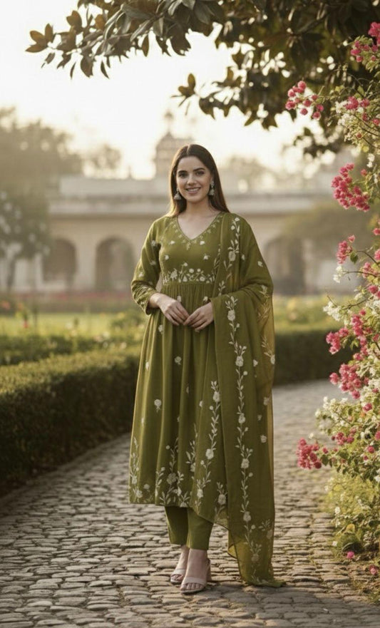 Olive Green Embroidery Work Suit Set- Pure Cotton Traditional Ethnic Wear