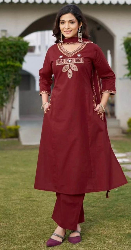 Maroon Cotton Suit with Mirror Work & Embroidery