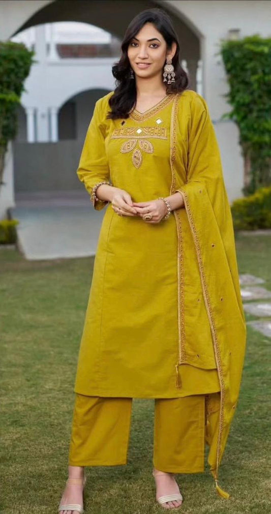 Mustard Cotton Suit with Mirror Work & Embroidery