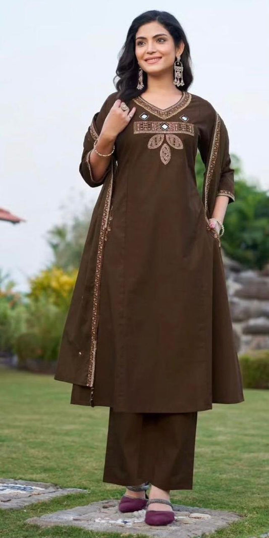 Brown Cotton Suit with Mirror Work & Embroidery