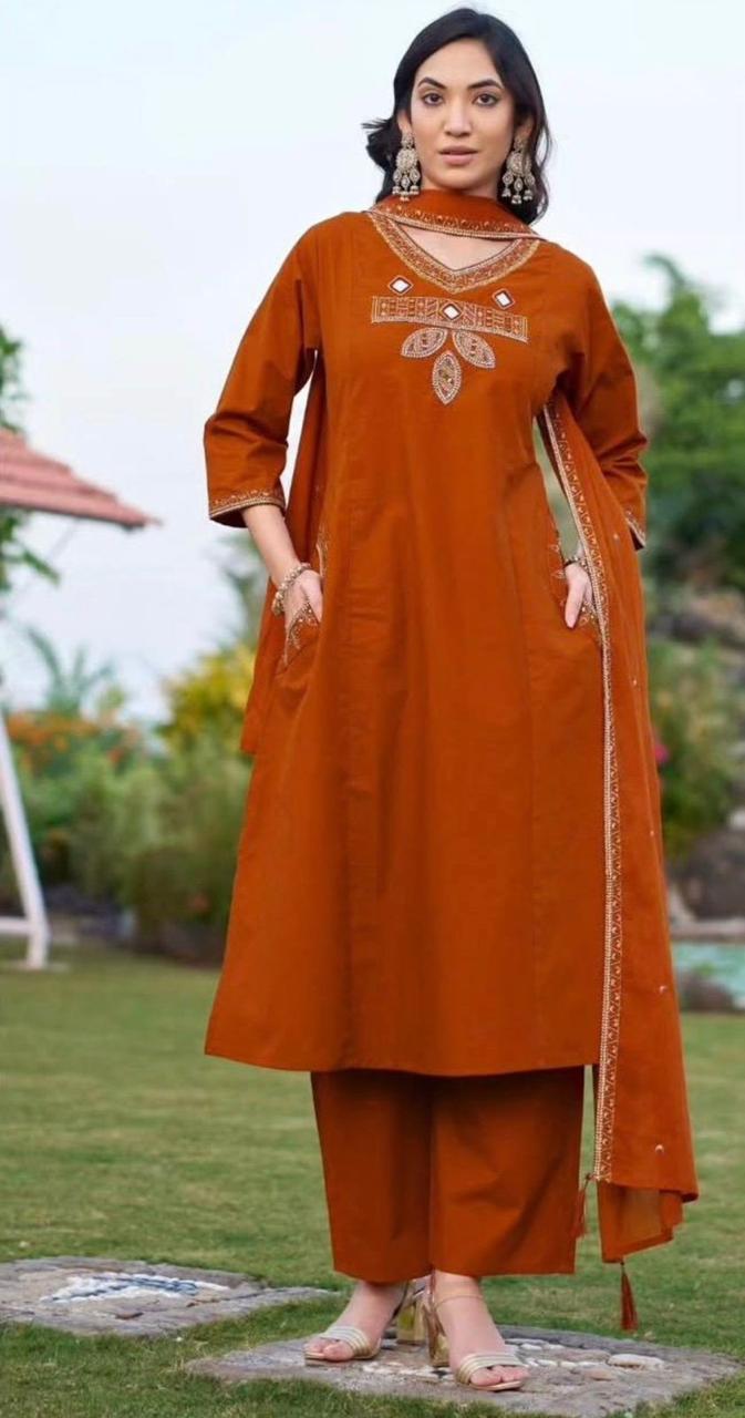 Rust Cotton Suit with Mirror Work & Embroidery