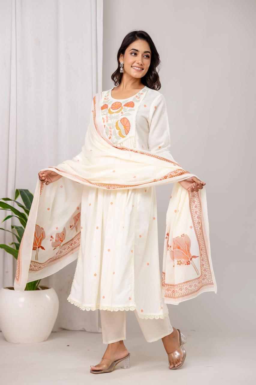 White Cotton Suit with Floral Embroidery