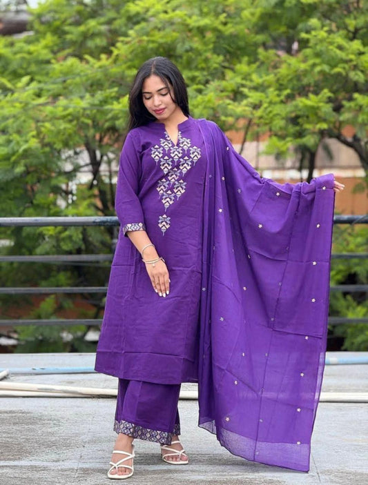 Purple Pure Cotton Suit with Light Work