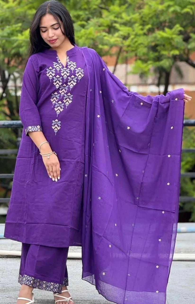 Purple cotton Suit with Floral Print