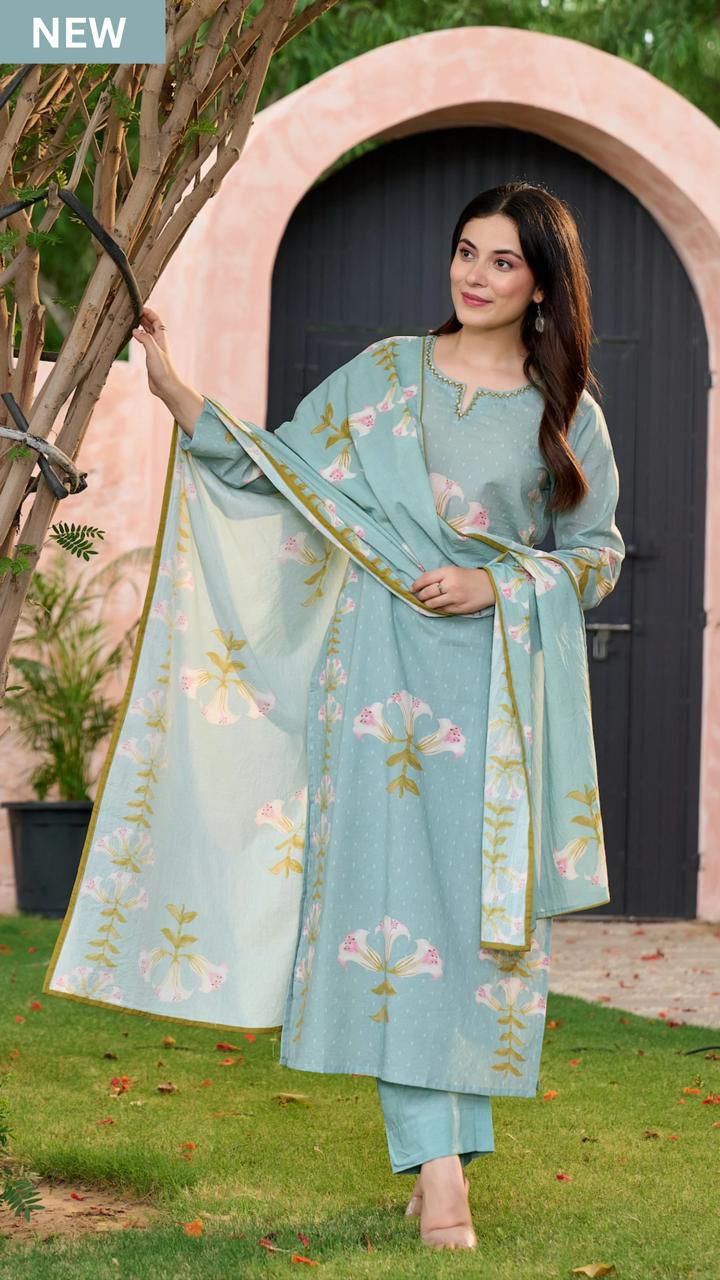 Green Cotton Suit with Floral Print – Beautiful Ethnic Wear