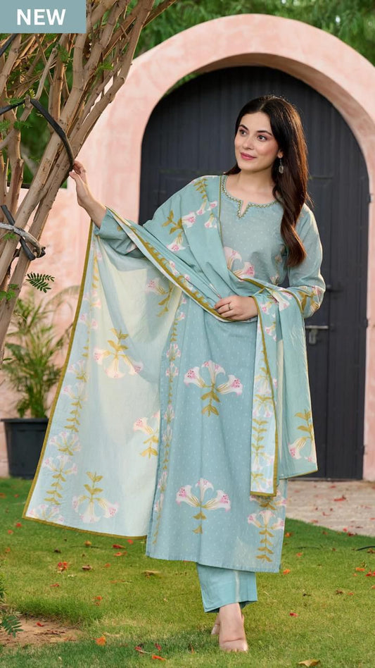 Green Cotton Suit with Floral Print – Beautiful Ethnic Wear