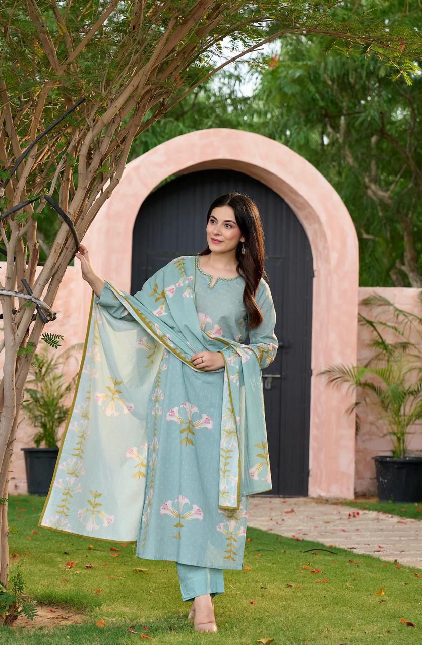 Green Cotton Suit with Floral Print – Beautiful Ethnic Wear