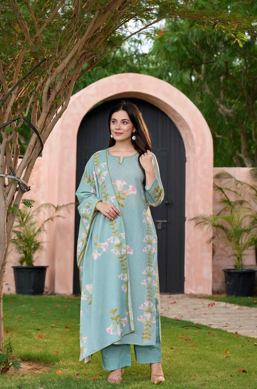 Green Cotton Suit with Floral Print – Beautiful Ethnic Wear