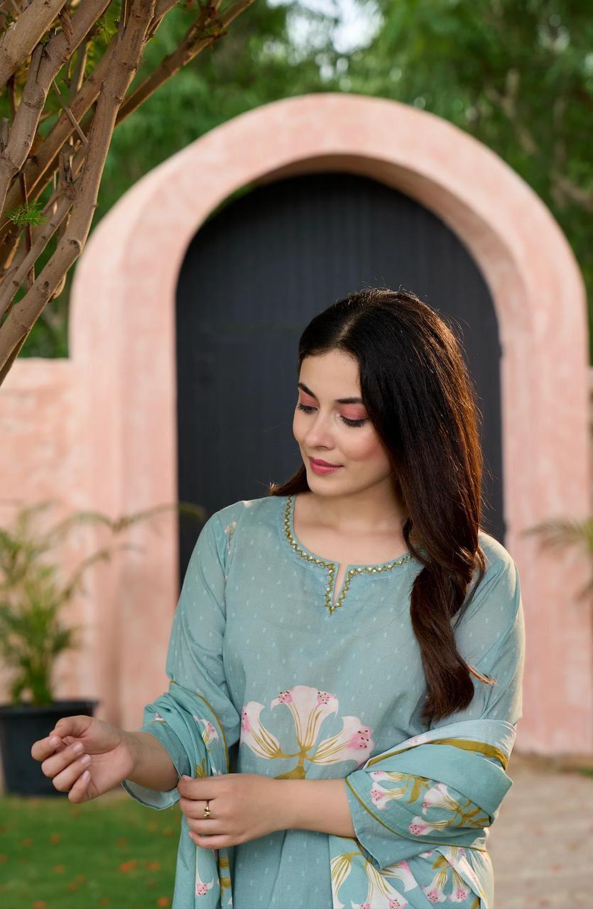 Green Cotton Suit with Floral Print – Beautiful Ethnic Wear