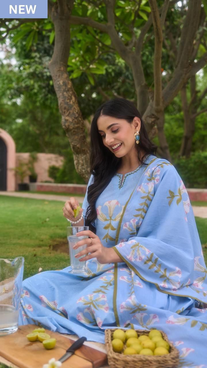 Blue Cotton Suit with Floral Print – Stylish Ethnic Wear