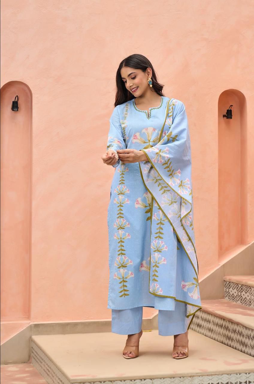 Blue Cotton Suit with Floral Print – Stylish Ethnic Wear