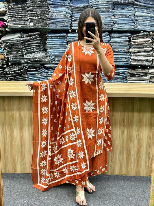 Orange Pure Cotton Printed Suit with Floral Print Work