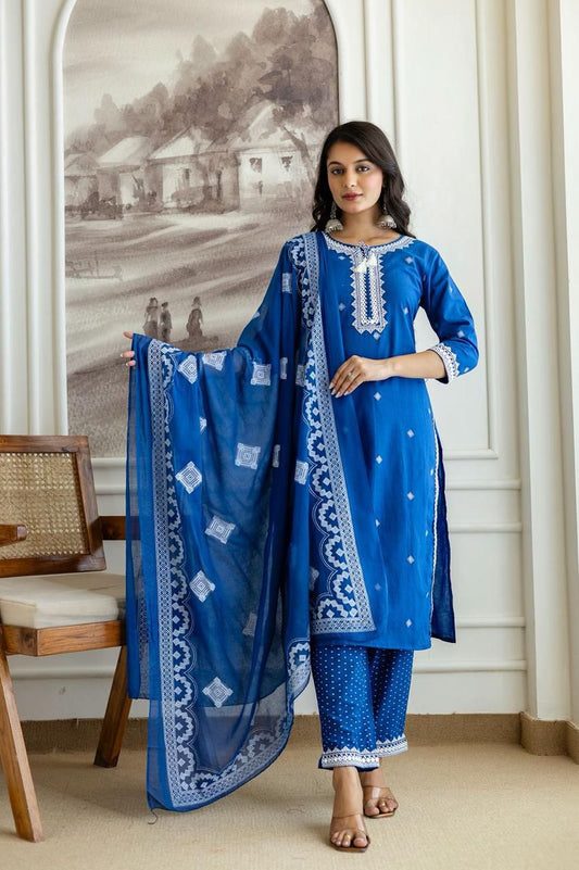 Blue Cotton Suit with Printed & Embroidery Work
