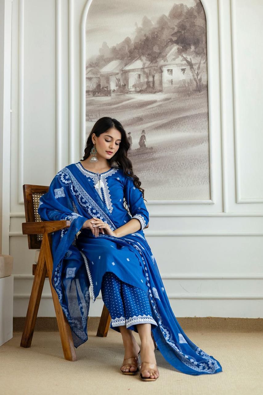 Blue Cotton Suit with Printed & Embroidery Work