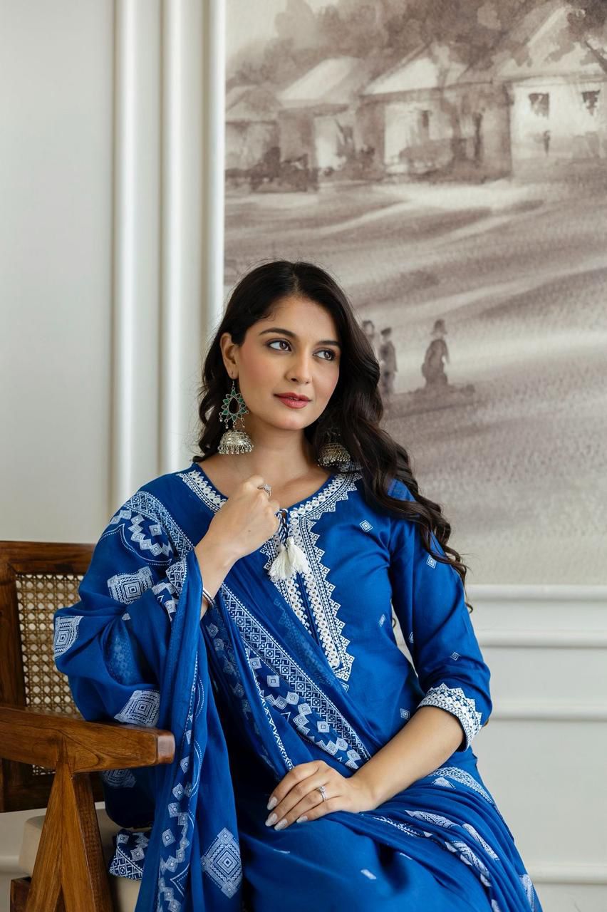 Blue Cotton Suit with Printed & Embroidery Work