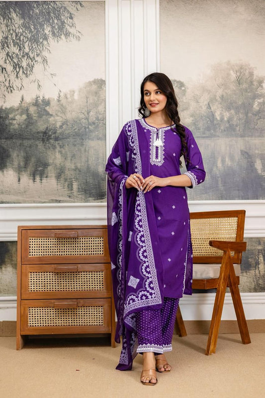 Purple Cotton Suit with Printed & Embroidery Work