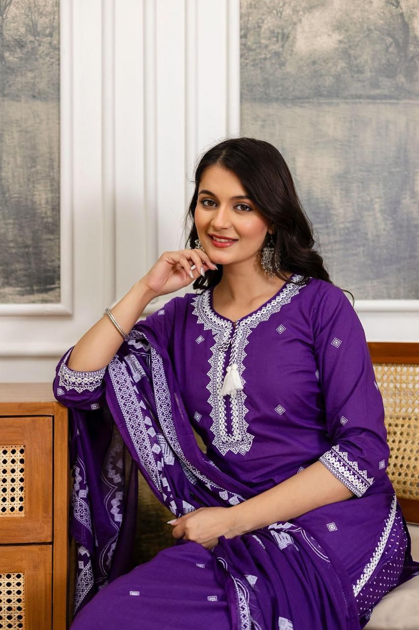 Purple Cotton Suit with Printed & Embroidery Work