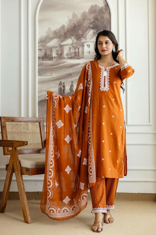 Orange Cotton Suit with Printed & Embroidery Work