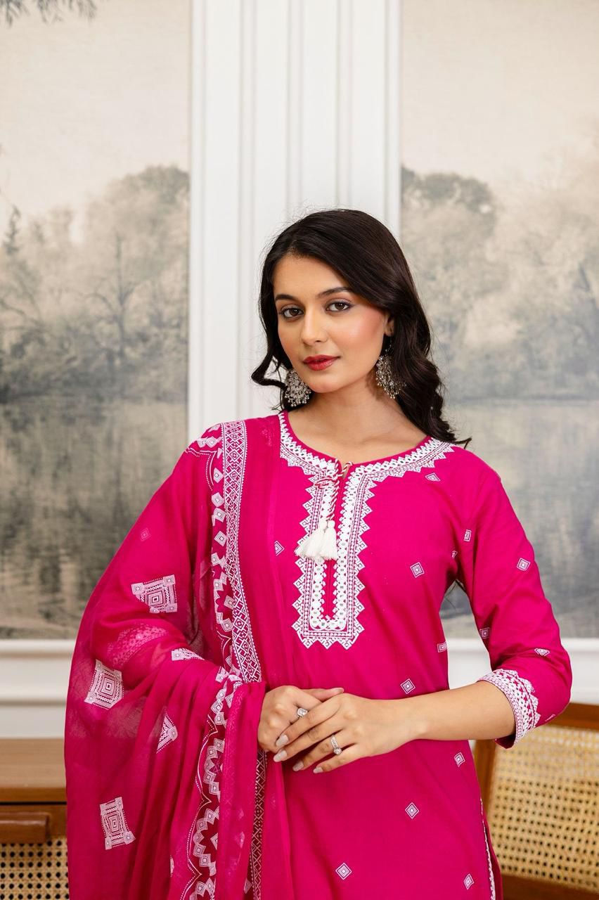 Pink Cotton Suit with Printed & Embroidery Work