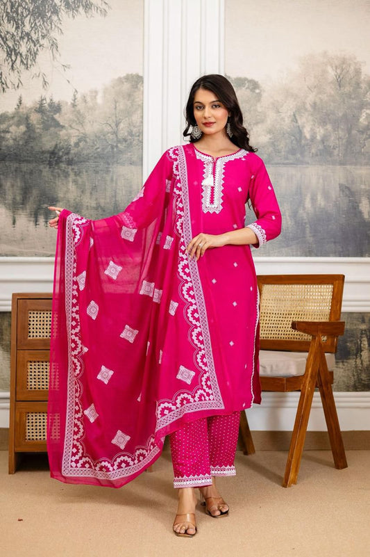 Pink Cotton Suit with Printed & Embroidery Work