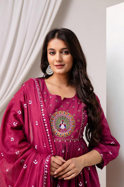 Pink Cotton Suit with Mirror Work & Light Embroidery