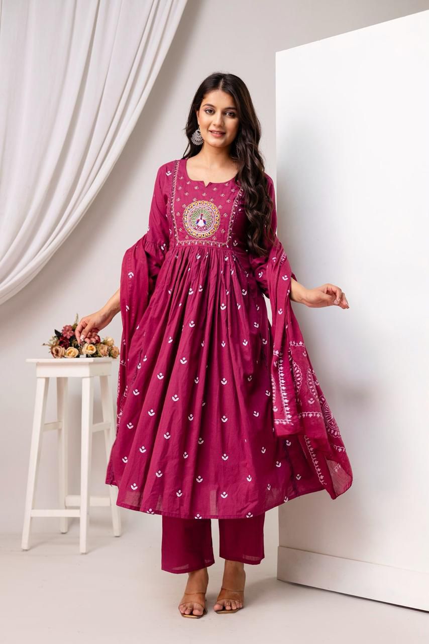 Pink Cotton Suit with Mirror Work & Light Embroidery