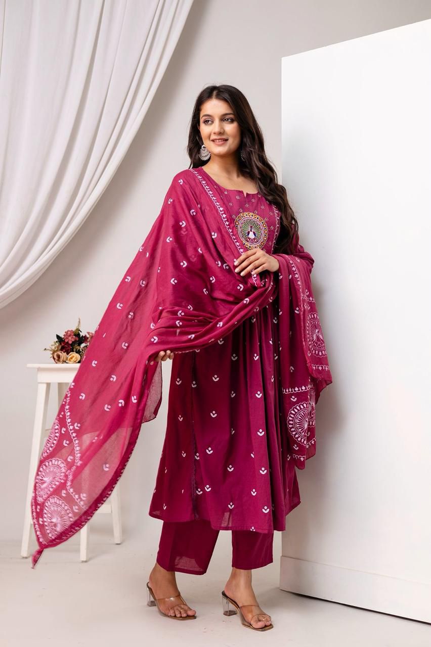 Pink Cotton Suit with Mirror Work & Light Embroidery