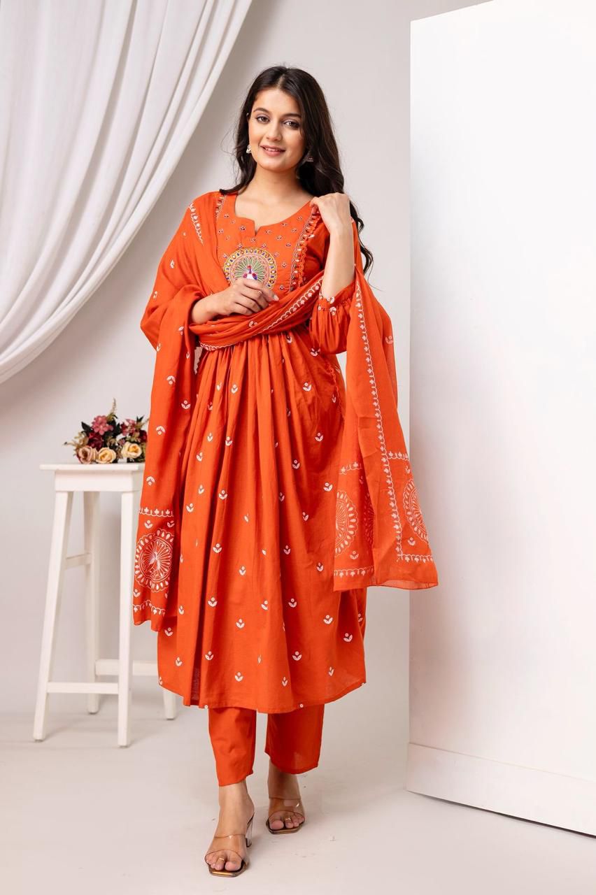 Orange Cotton Suit with Mirror Work & Light Embroidery