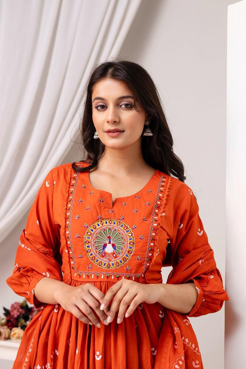 Orange Cotton Suit with Mirror Work & Light Embroidery